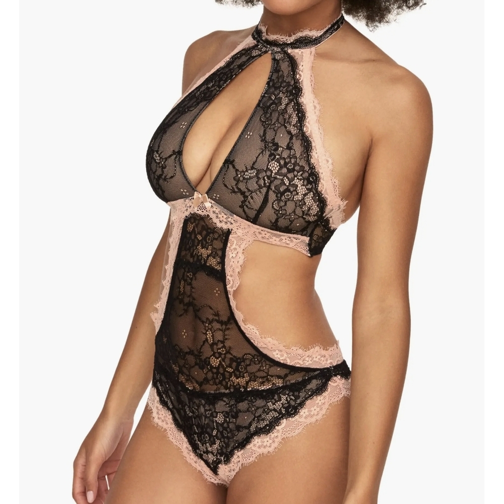 Adore Me Lace Halter Bodysuit - Black and Pink Brescia Unlined